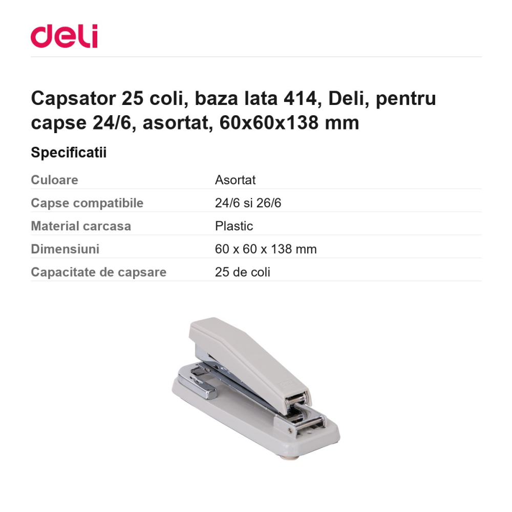 Capsator 25 coli, baza lata 414, Deli, pentru capse 24/6, asortat, 60x60x138 mm [3]