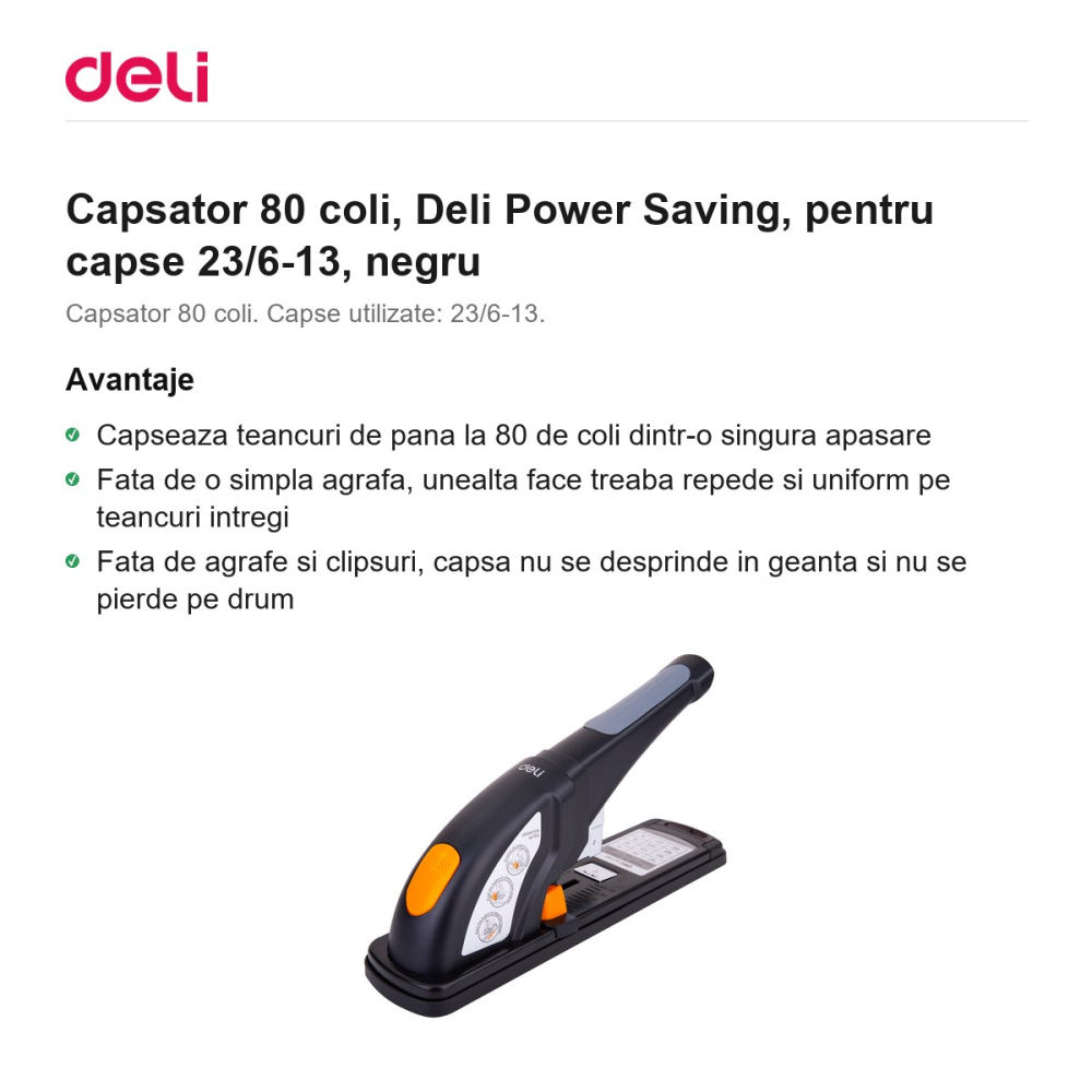 Capsator 80 coli, Deli Power Saving, pentru capse 23/6-13, negru [2]
