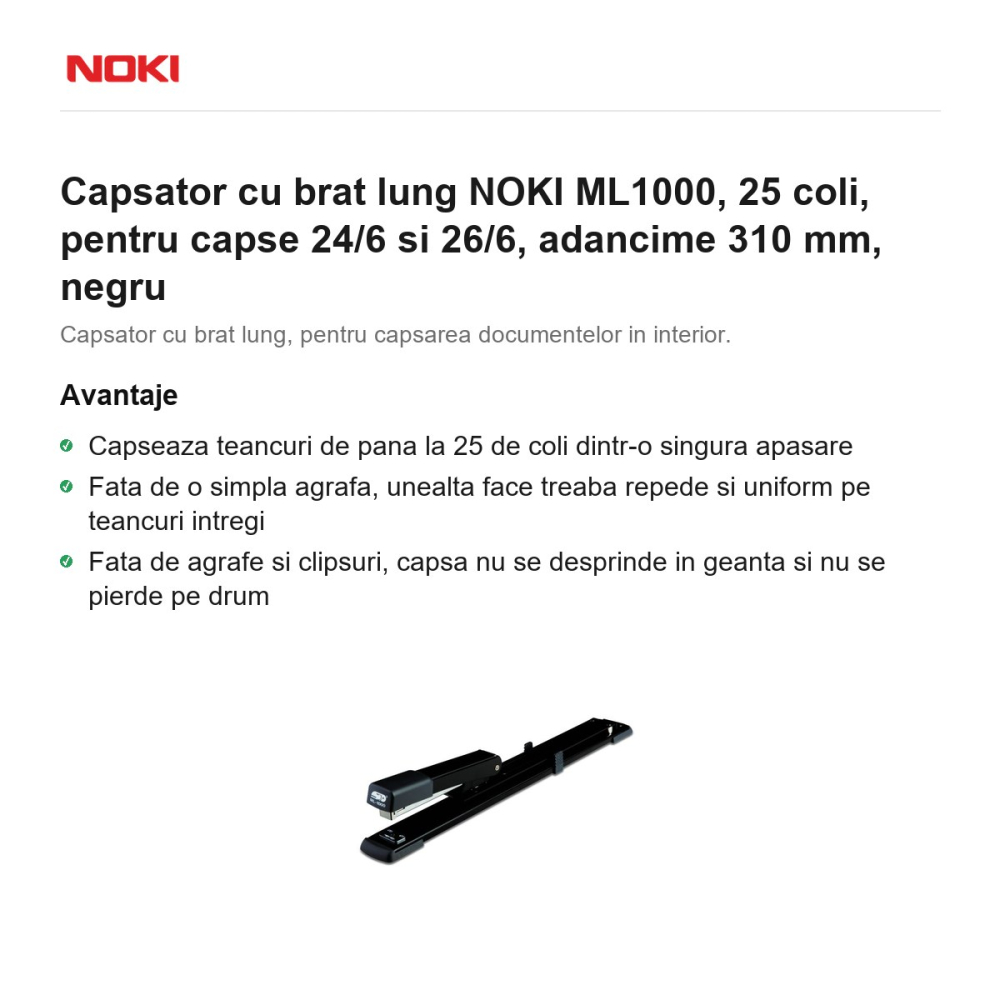 Capsator cu brat lung NOKI ML1000, 25 coli, pentru capse 24/6 si 26/6, adancime 310 mm, negru [2]
