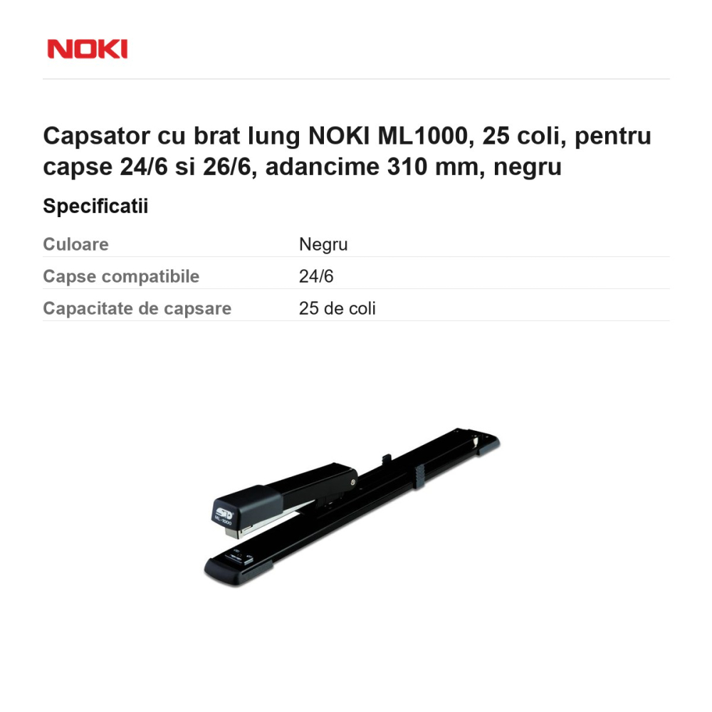 Capsator cu brat lung NOKI ML1000, 25 coli, pentru capse 24/6 si 26/6, adancime 310 mm, negru [3]