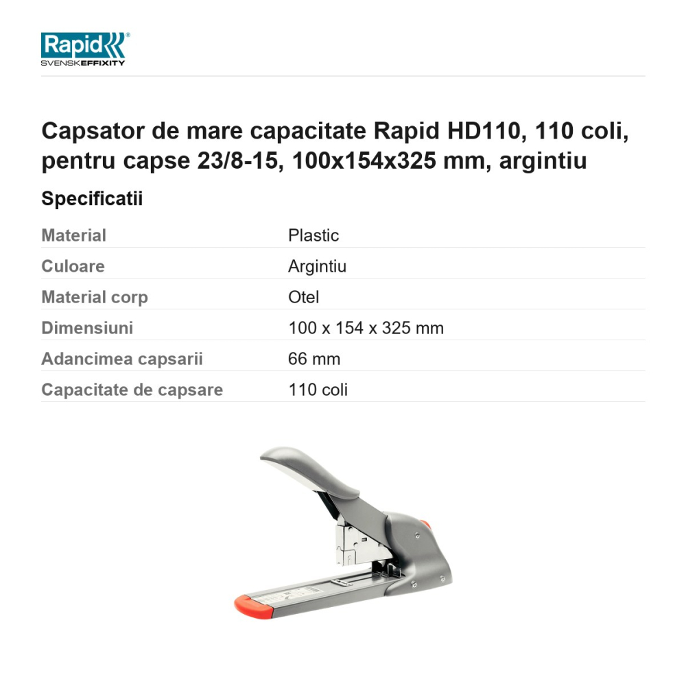 Capsator de mare capacitate Rapid HD110, 110 coli, pentru capse 23/8-15, 100x154x325 mm, argintiu [3]