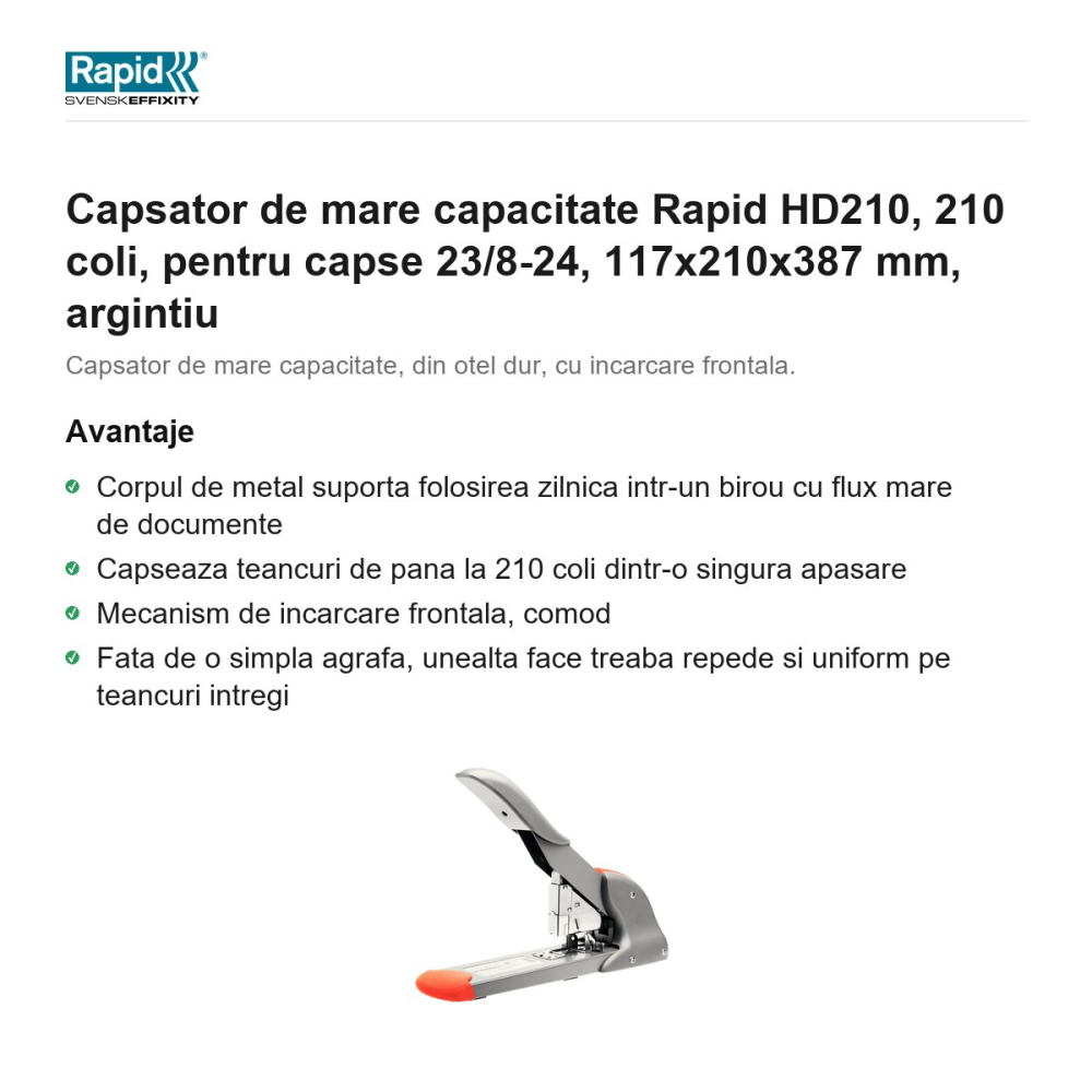 Capsator de mare capacitate Rapid HD210, 210 coli, pentru capse 23/8-24, 117x210x387 mm, argintiu [2]