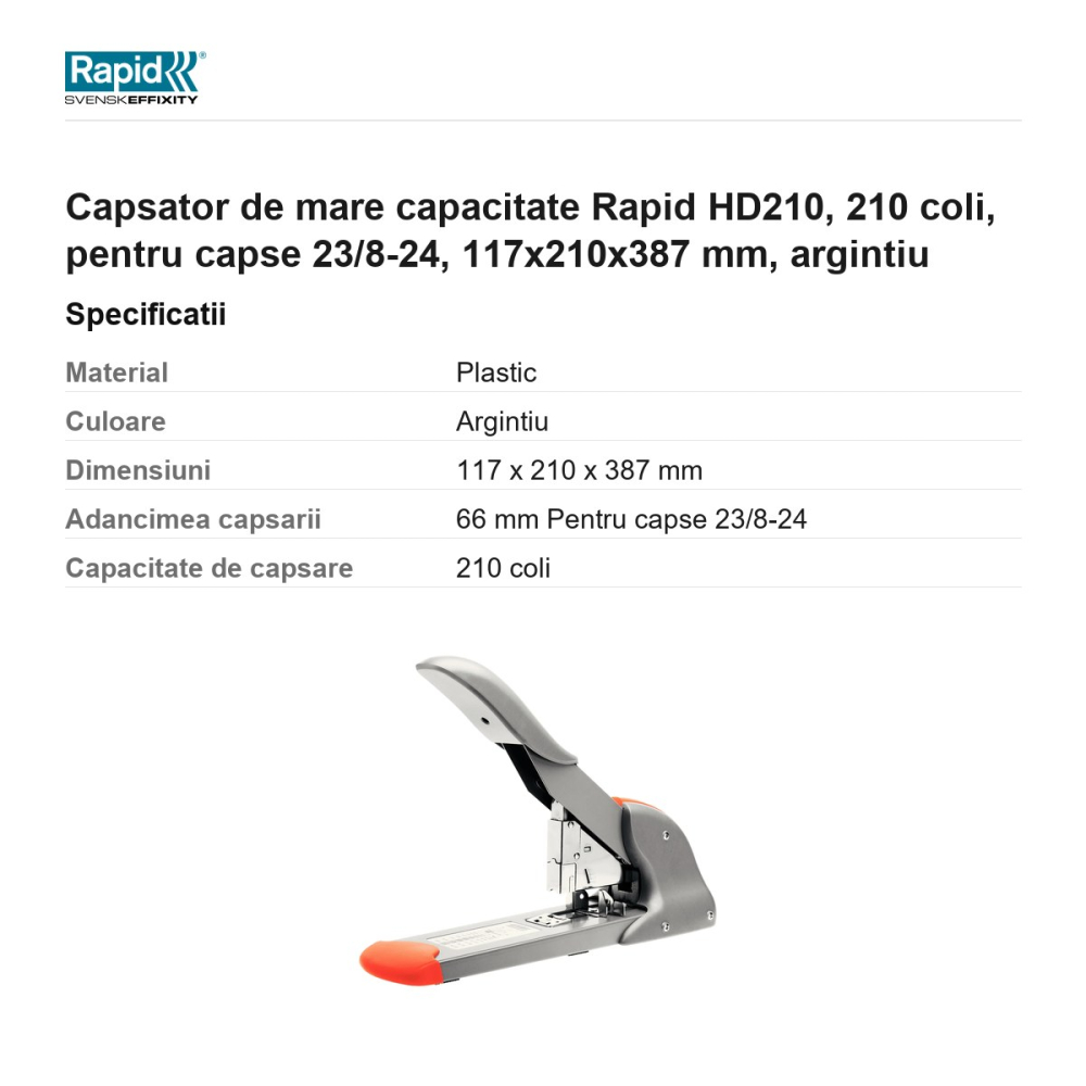 Capsator de mare capacitate Rapid HD210, 210 coli, pentru capse 23/8-24, 117x210x387 mm, argintiu [3]