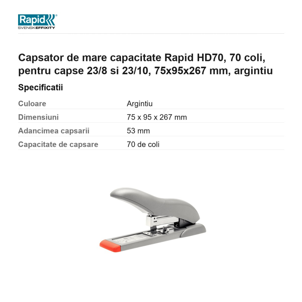 Capsator de mare capacitate Rapid HD70, 70 coli, pentru capse 23/8 si 23/10, 75x95x267 mm, argintiu [3]