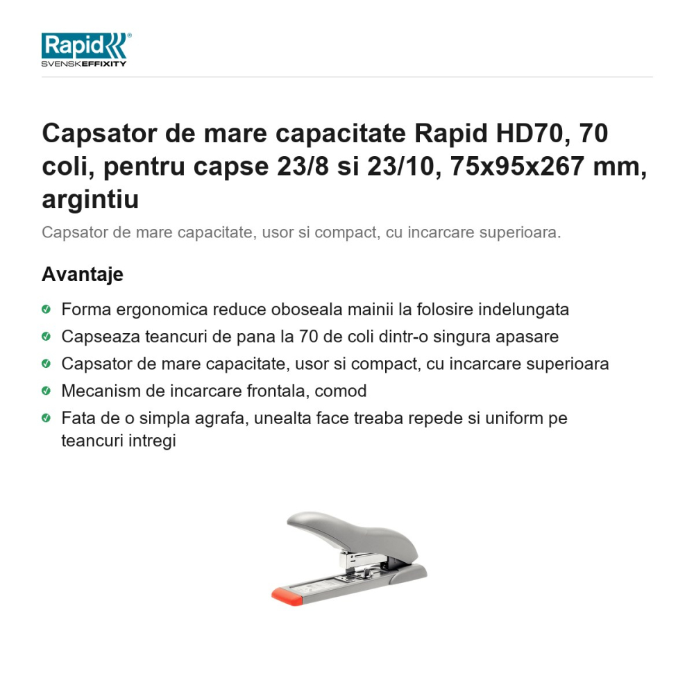 Capsator de mare capacitate Rapid HD70, 70 coli, pentru capse 23/8 si 23/10, 75x95x267 mm, argintiu [2]