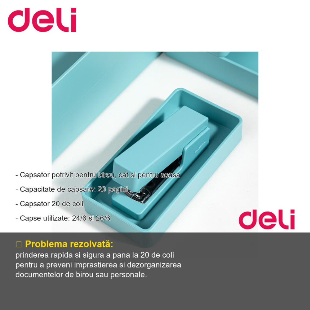 Capsator Deli 20 coli, capse 24/6 si 26/6, albastru, pentru birou si acasa [2]