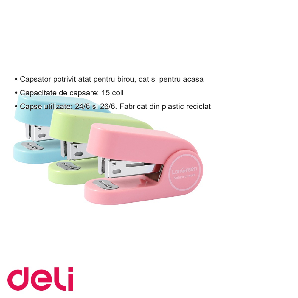 Capsator Deli din plastic reciclat, 15 coli, capse 24/6, culori pastel, pentru birou si acasa [3]