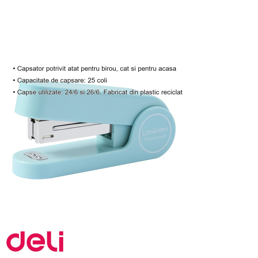 Capsator Deli din plastic reciclat, 25 coli, capse 24/6, bleu, baza antiderapanta, pentru birou si acasa [3]