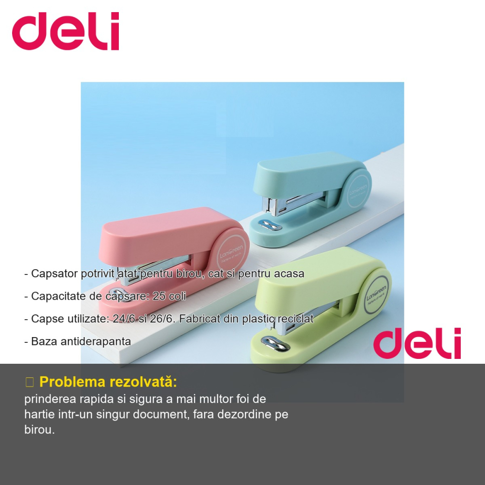Capsator Deli din plastic reciclat, 25 coli, capse 24/6, roz, cu baza antiderapanta, pentru birou si acasa [2]