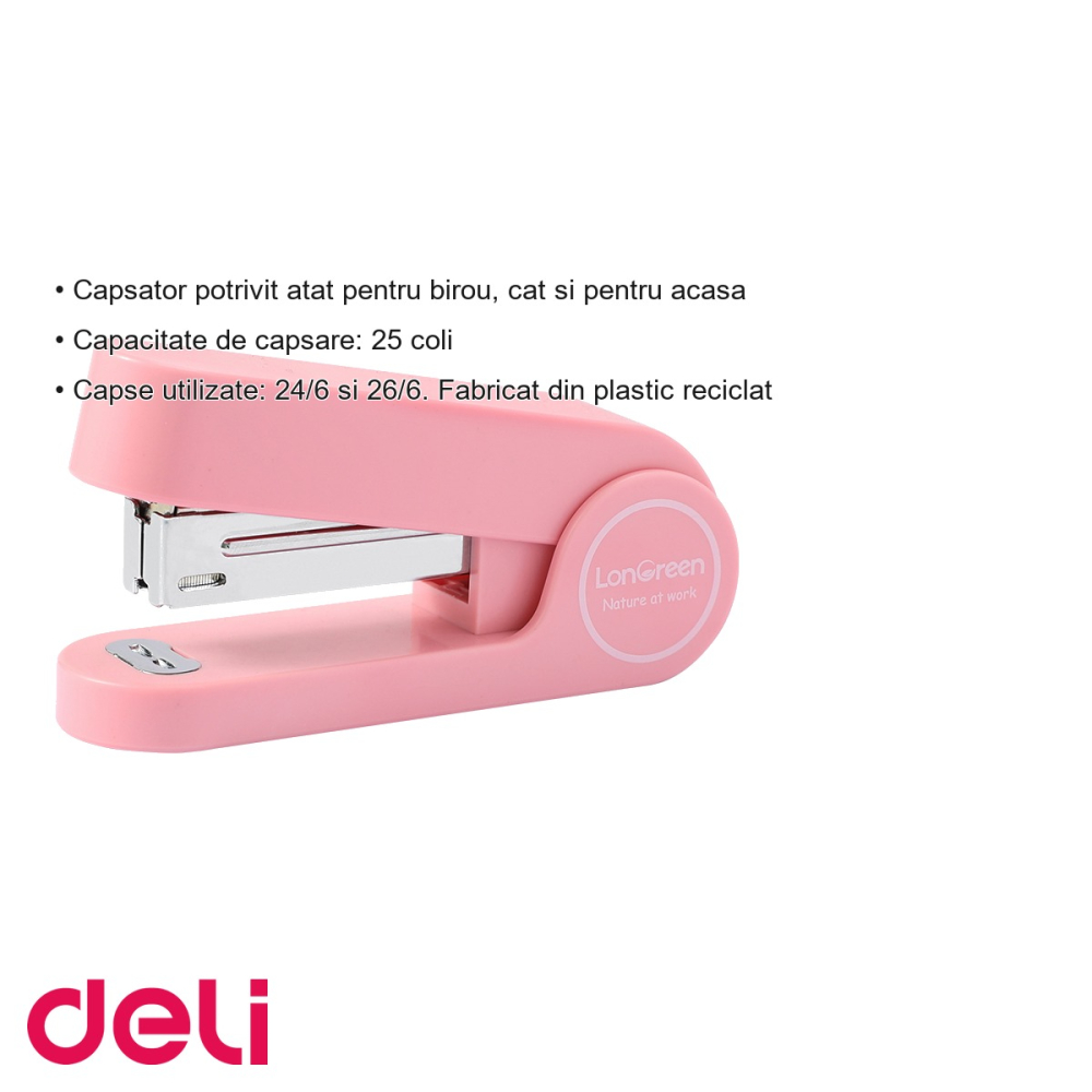 Capsator Deli din plastic reciclat, 25 coli, capse 24/6, roz, cu baza antiderapanta, pentru birou si acasa [3]