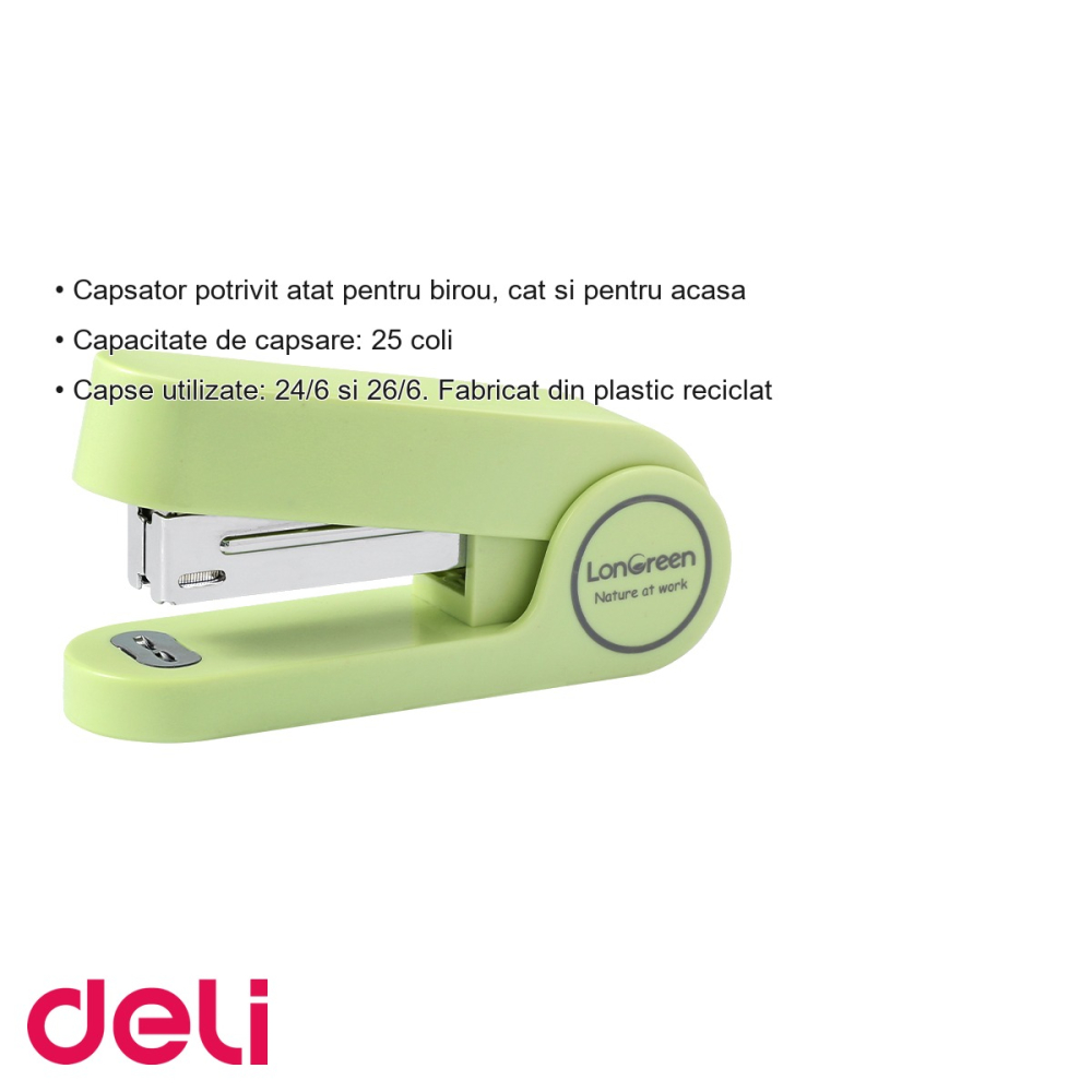 Capsator Deli Longreen 25 coli, capse 24/6, plastic reciclat 50%, verde, pentru birou si acasa [3]