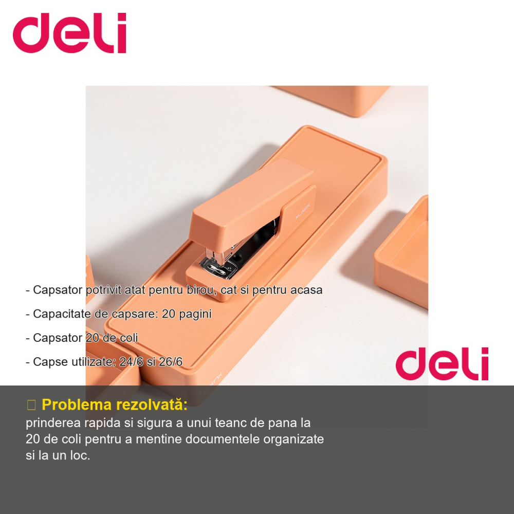 Capsator Deli NuSign roz, capacitate 20 coli, capse 24/6, pentru birou si acasa [2]