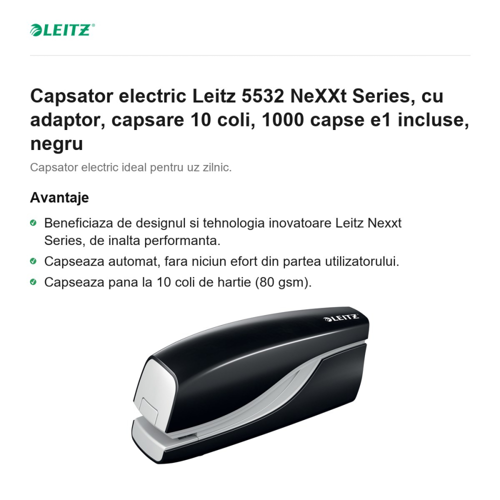 Capsator electric Leitz 5532 NeXXt Series, cu adaptor, capsare 10 coli, 1000 capse e1 incluse, negru [2]