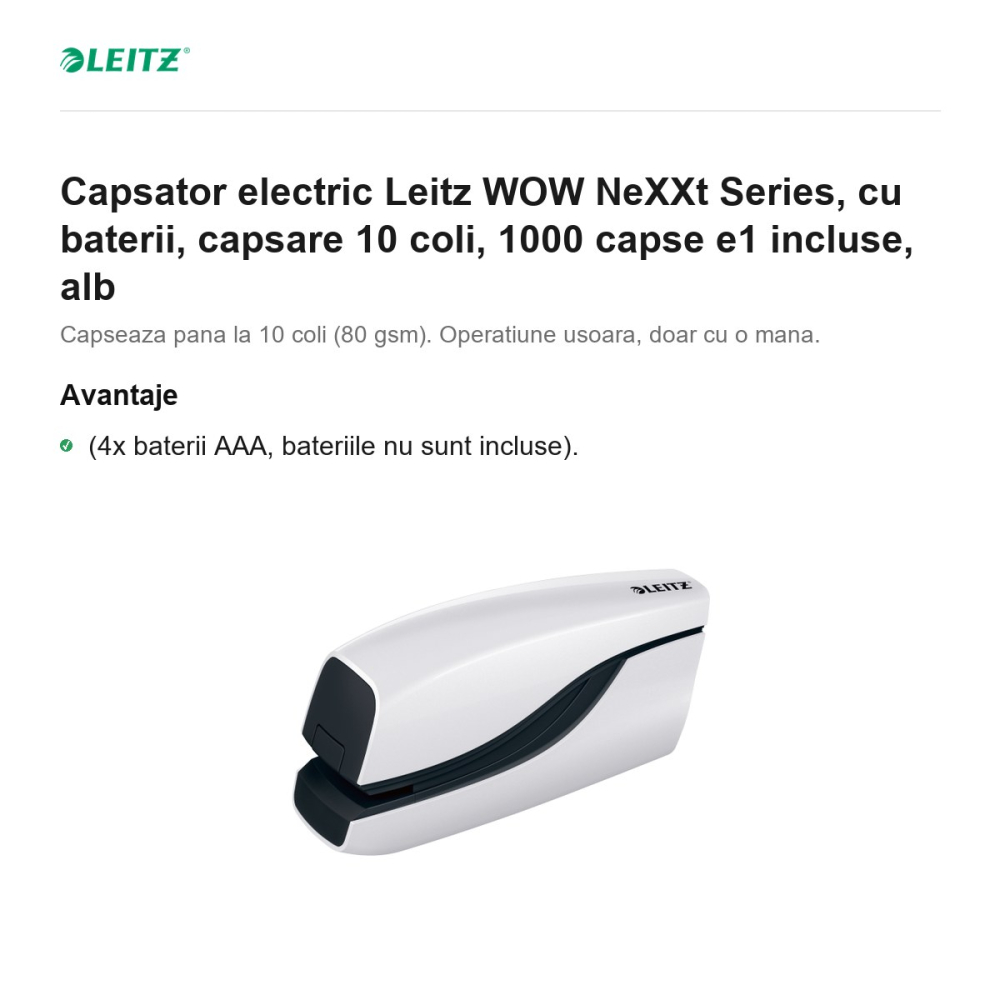 Capsator electric Leitz WOW NeXXt Series, cu baterii, capsare 10 coli, 1000 capse e1 incluse, alb [2]
