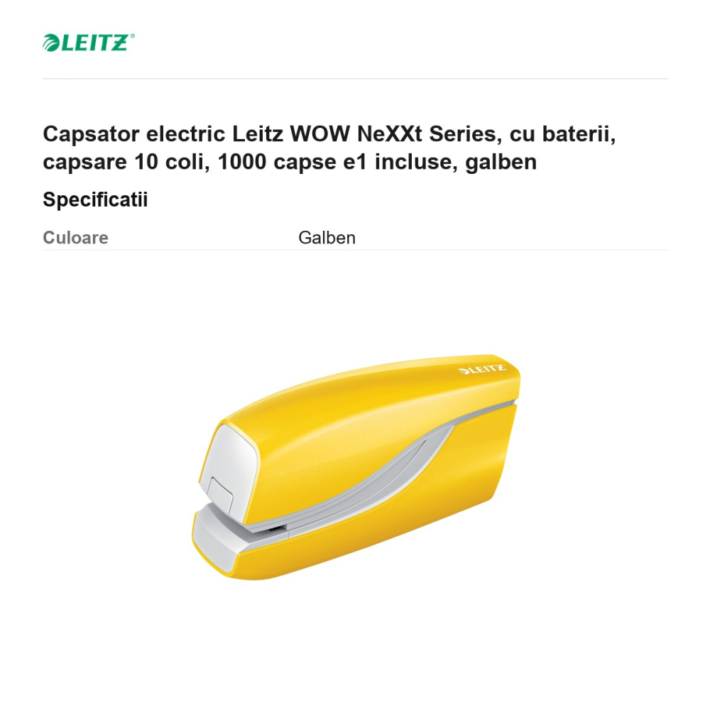 Capsator electric Leitz WOW NeXXt Series, cu baterii, capsare 10 coli, 1000 capse e1 incluse, galben [3]