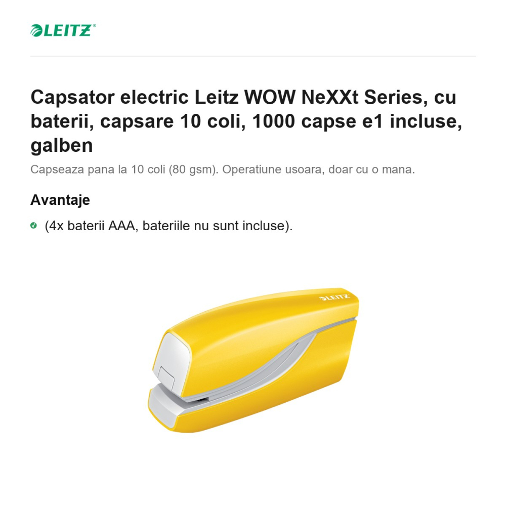 Capsator electric Leitz WOW NeXXt Series, cu baterii, capsare 10 coli, 1000 capse e1 incluse, galben [2]