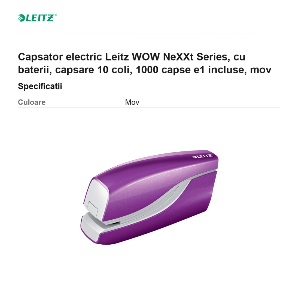 Capsator electric Leitz WOW NeXXt Series, cu baterii, capsare 10 coli, 1000 capse e1 incluse, mov [3]