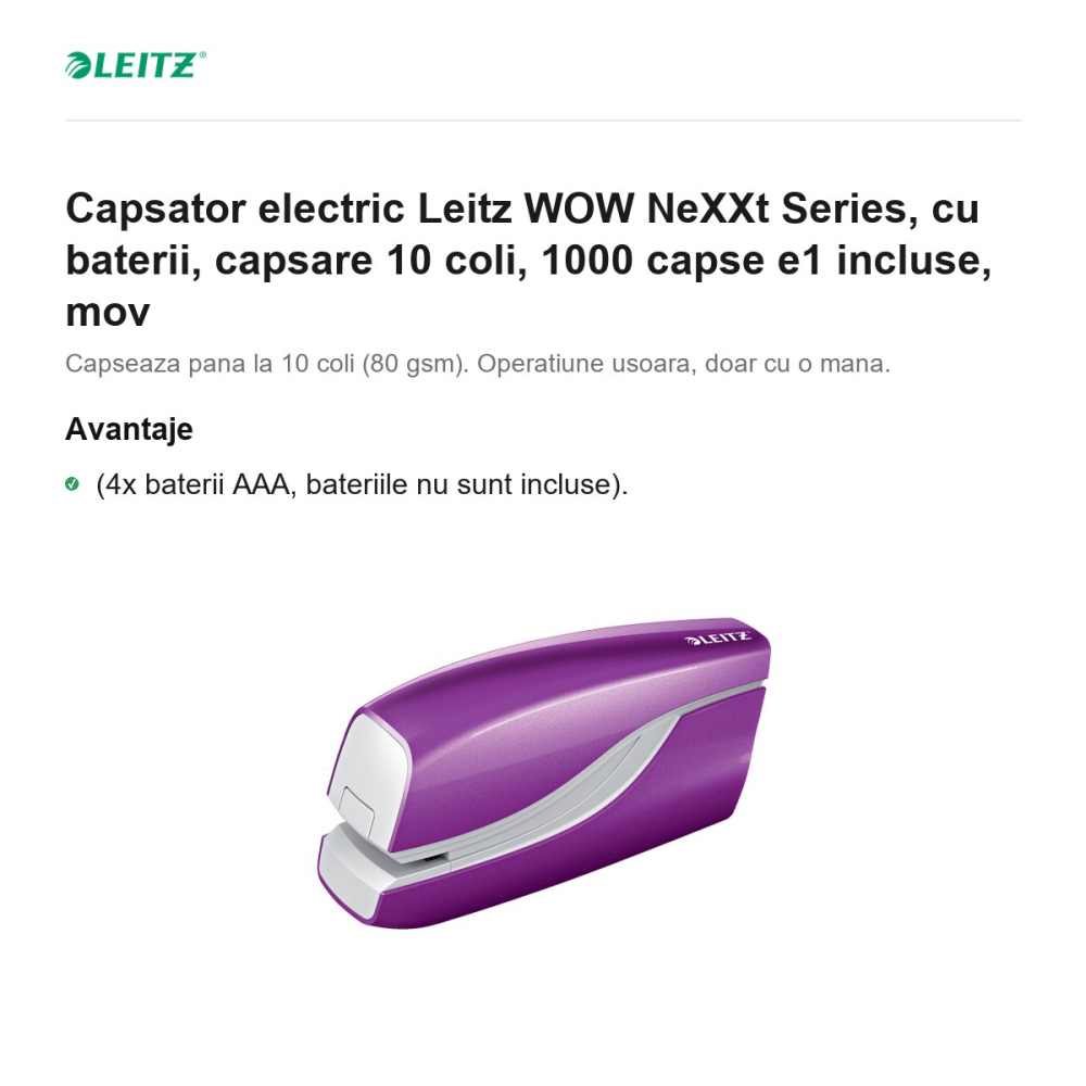 Capsator electric Leitz WOW NeXXt Series, cu baterii, capsare 10 coli, 1000 capse e1 incluse, mov [2]