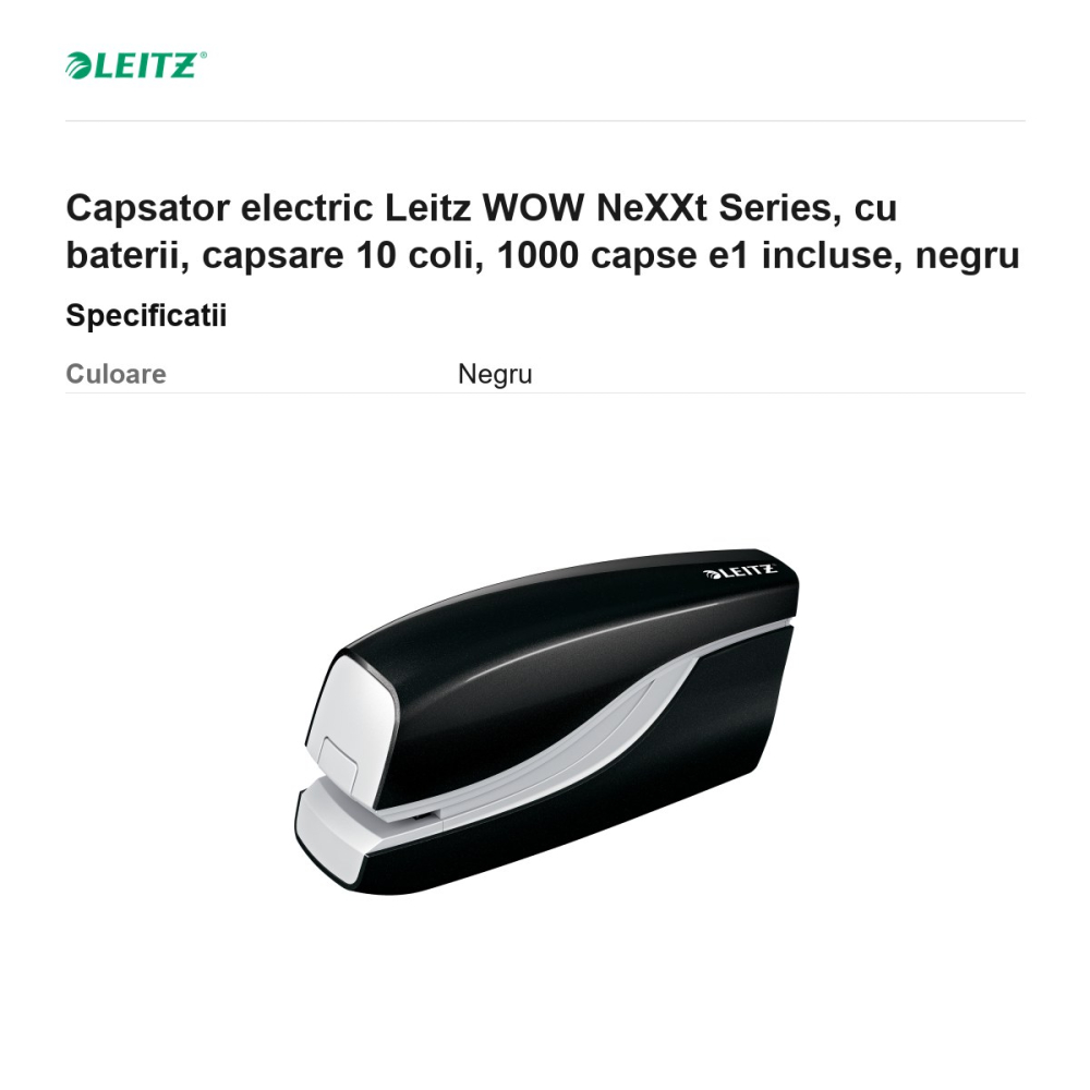 Capsator electric Leitz WOW NeXXt Series, cu baterii, capsare 10 coli, 1000 capse e1 incluse, negru [3]