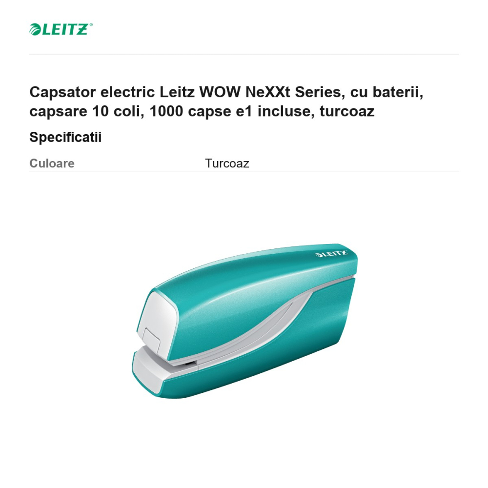Capsator electric Leitz WOW NeXXt Series, cu baterii, capsare 10 coli, 1000 capse e1 incluse, turcoaz [3]