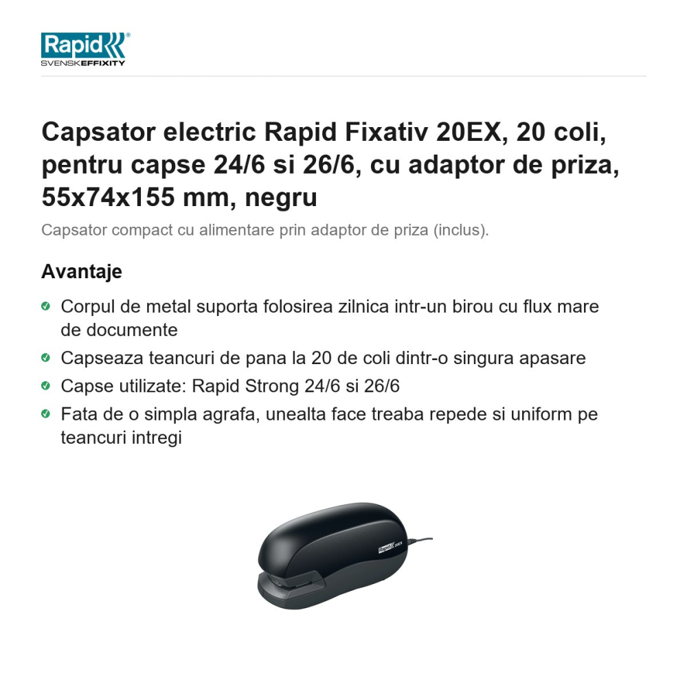 Capsator electric Rapid Fixativ 20EX, 20 coli, pentru capse 24/6 si 26/6, cu adaptor de priza, 55x74x155 mm, negru [2]