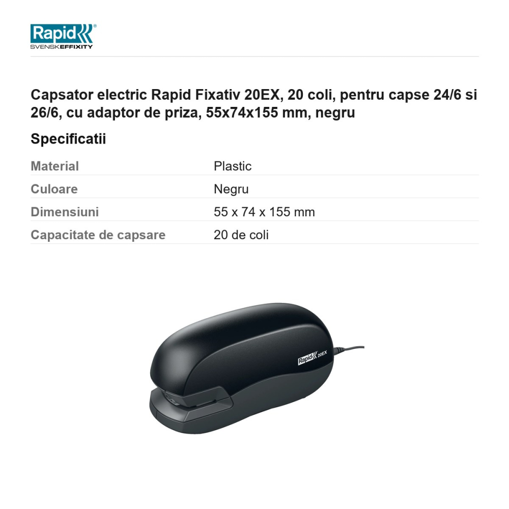 Capsator electric Rapid Fixativ 20EX, 20 coli, pentru capse 24/6 si 26/6, cu adaptor de priza, 55x74x155 mm, negru [3]