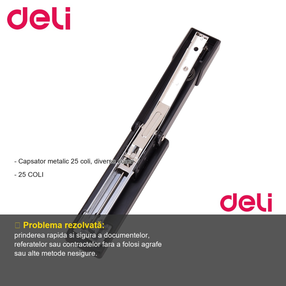 Capsator metalic Deli half strip, 25 coli, capse 24/6, pentru birou si uz general [2]