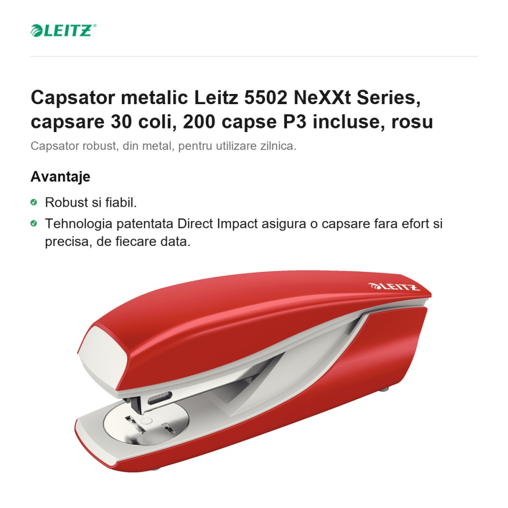 Capsator metalic Leitz 5502 NeXXt Series, capsare 30 coli, 200 capse P3 incluse, rosu [2]