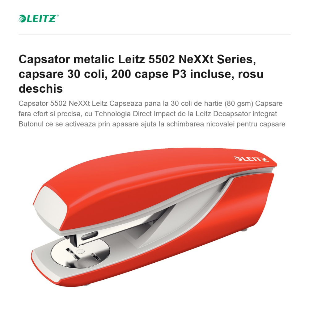 Capsator metalic Leitz 5502 NeXXt Series, capsare 30 coli, 200 capse P3 incluse, rosu deschis [2]