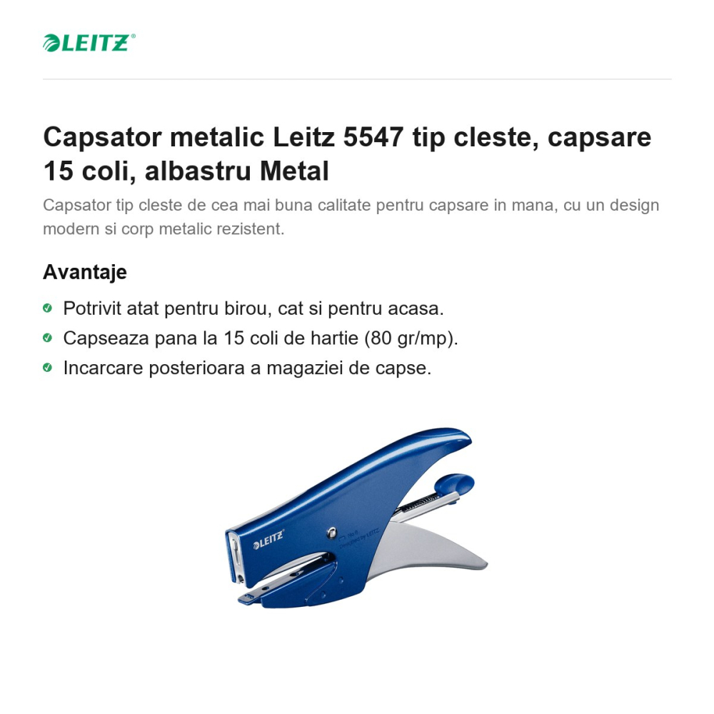 Capsator metalic Leitz 5547 tip cleste, capsare 15 coli, albastru Metal [2]