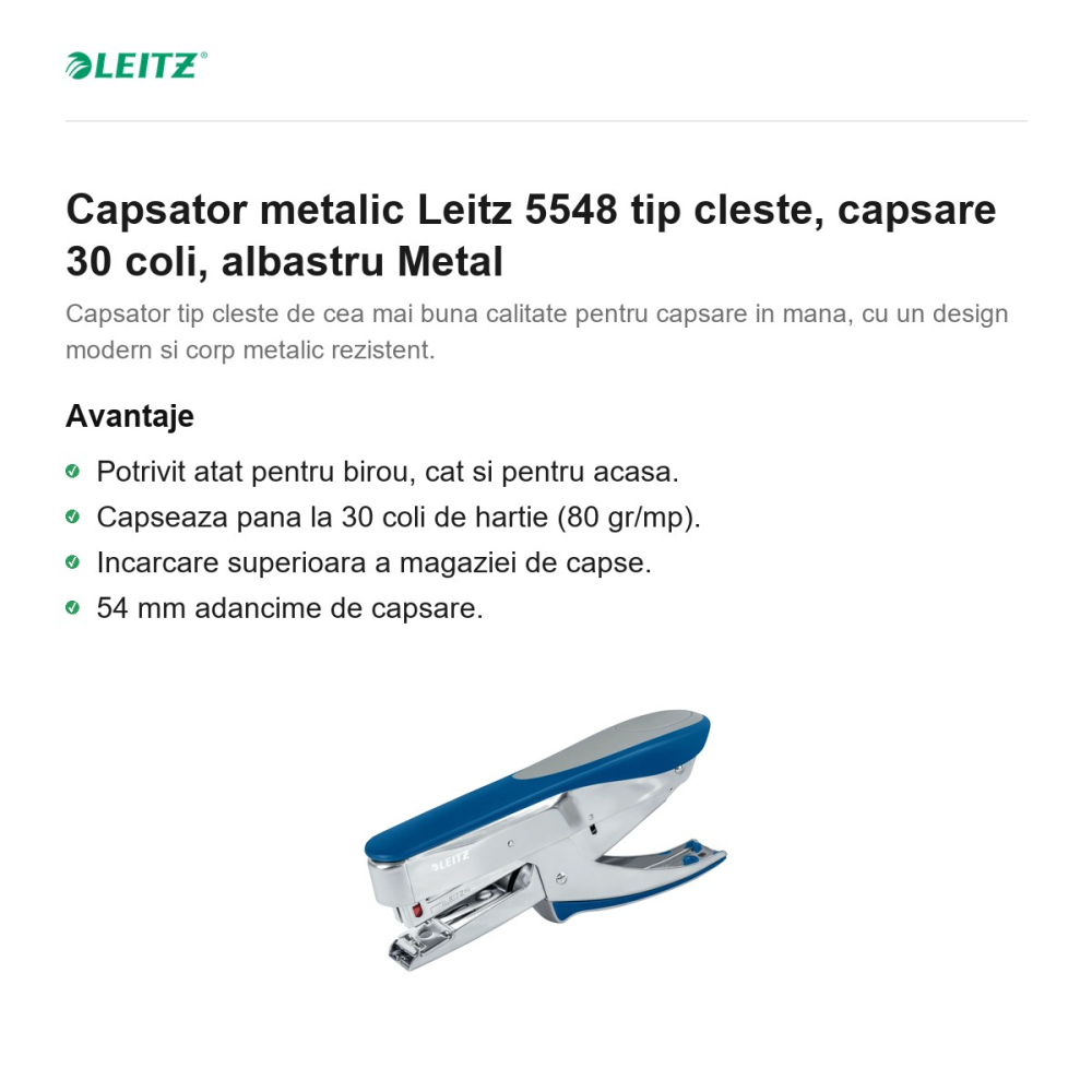Capsator metalic Leitz 5548 tip cleste, capsare 30 coli, albastru Metal [2]