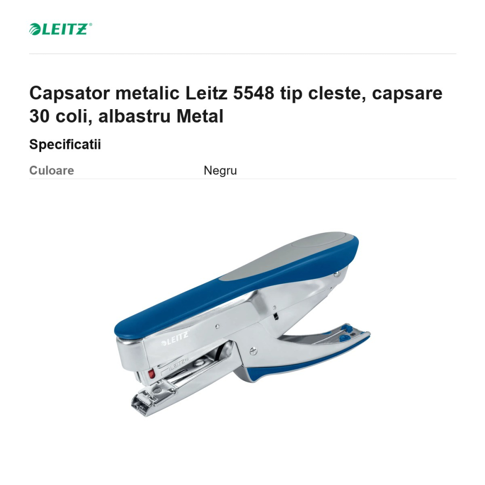 Capsator metalic Leitz 5548 tip cleste, capsare 30 coli, albastru Metal [3]