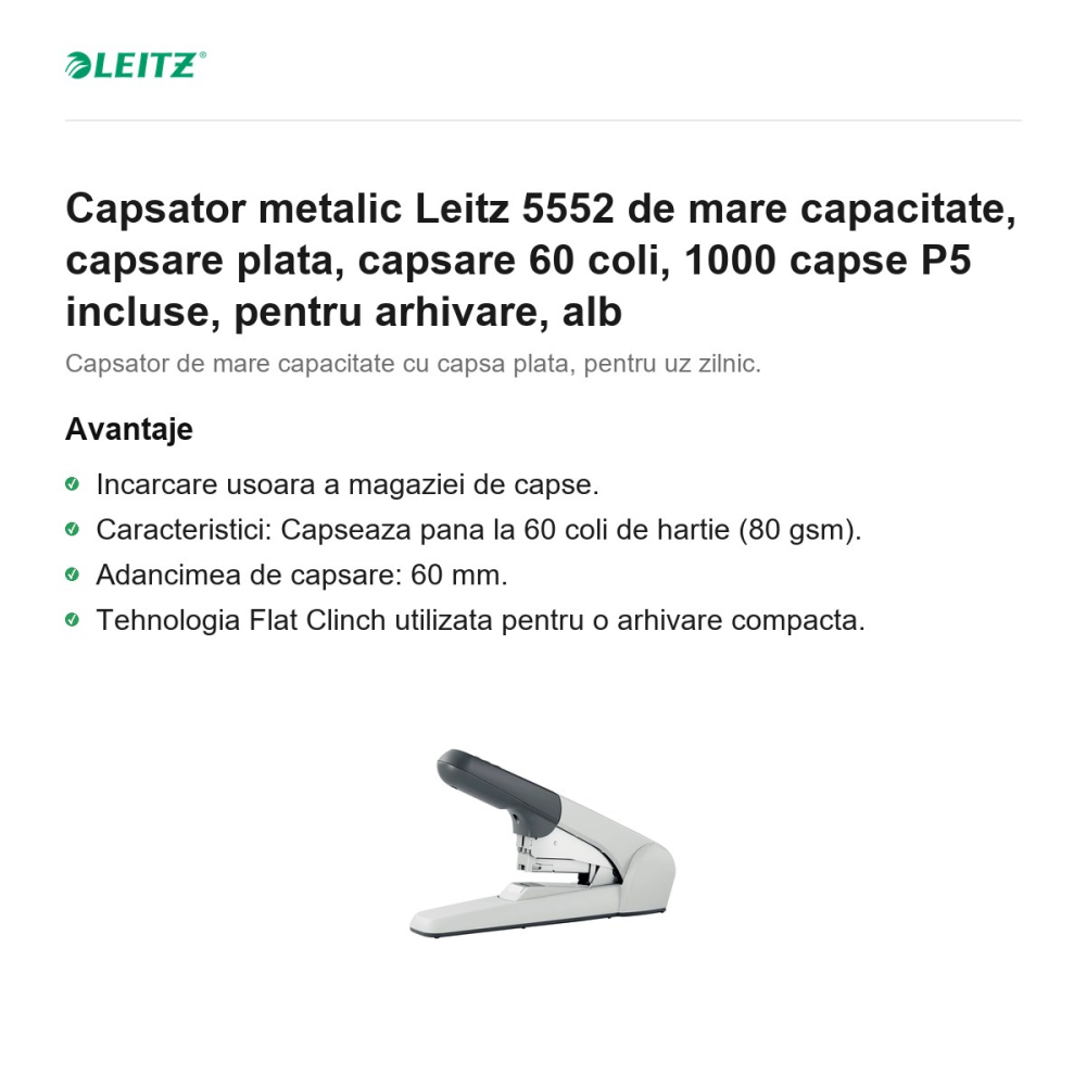 Capsator metalic Leitz 5552 de mare capacitate, capsare plata, capsare 60 coli, 1000 capse P5 incluse, pentru arhivare, alb [2]