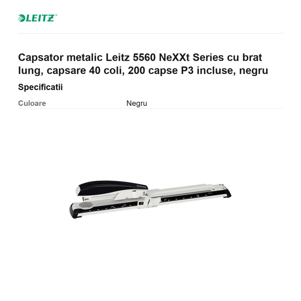 Capsator metalic Leitz 5560 NeXXt Series cu brat lung, capsare 40 coli, 200 capse P3 incluse, negru [3]