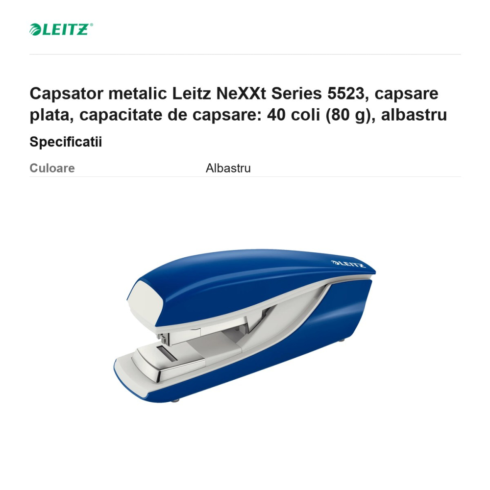 Capsator metalic Leitz NeXXt Series 5523, capsare plata, capacitate de capsare: 40 coli (80 g), albastru [3]
