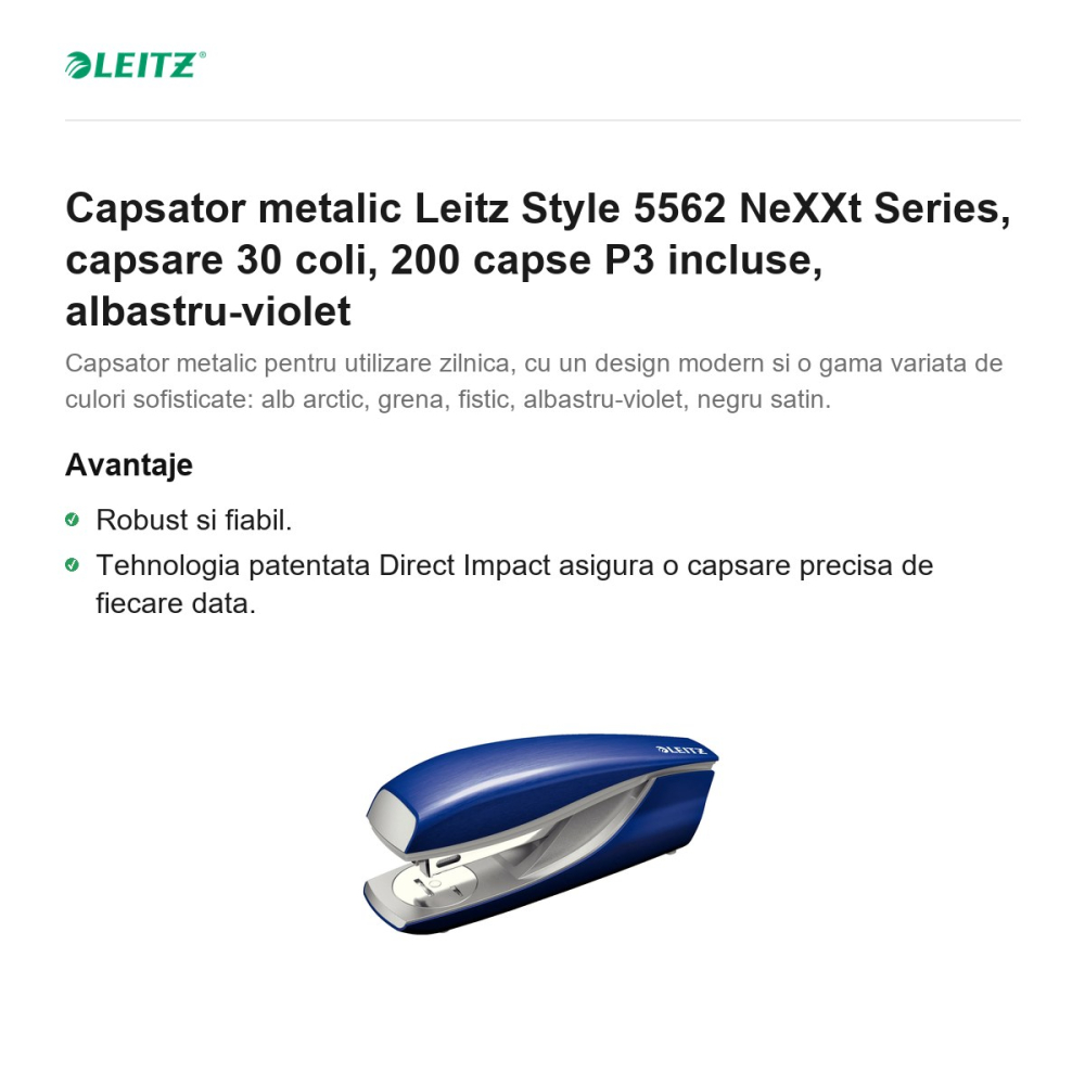 Capsator metalic Leitz Style 5562 NeXXt Series, capsare 30 coli, 200 capse P3 incluse, albastru-violet [2]