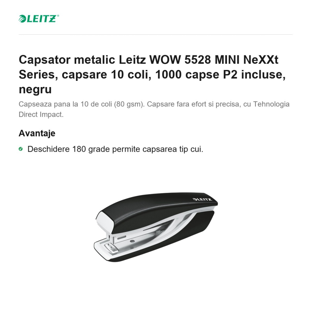 Capsator metalic Leitz WOW 5528 MINI NeXXt Series, capsare 10 coli, 1000 capse P2 incluse, negru [2]