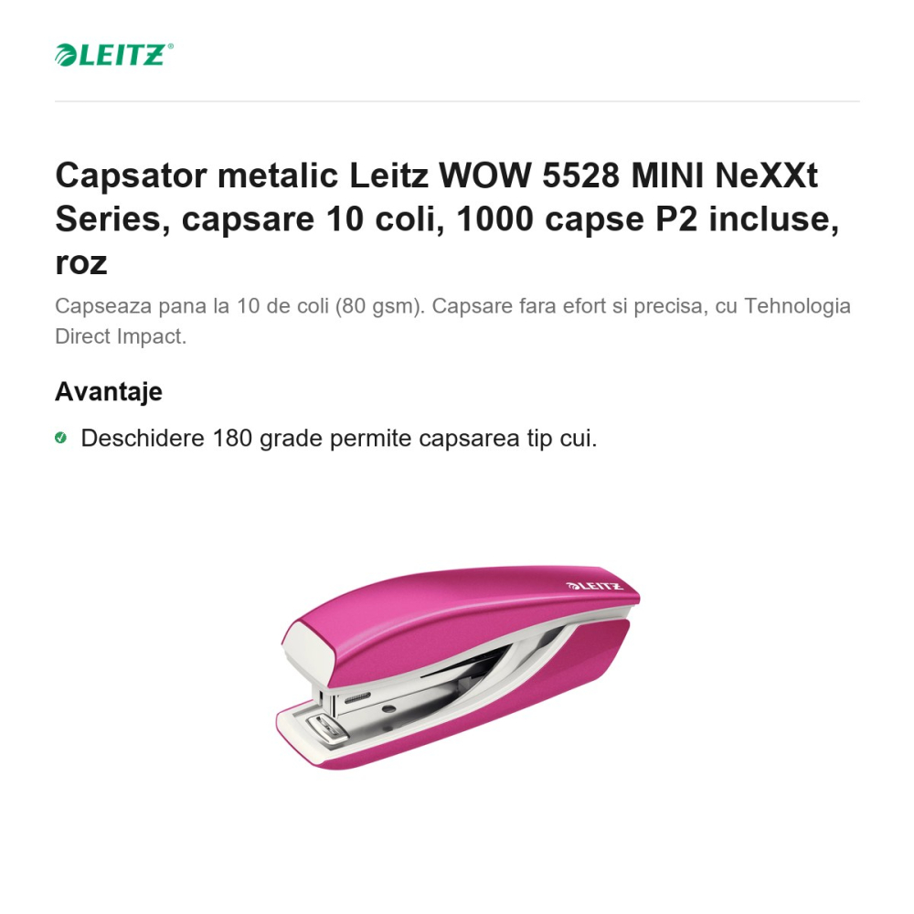 Capsator metalic Leitz WOW 5528 MINI NeXXt Series, capsare 10 coli, 1000 capse P2 incluse, roz [2]