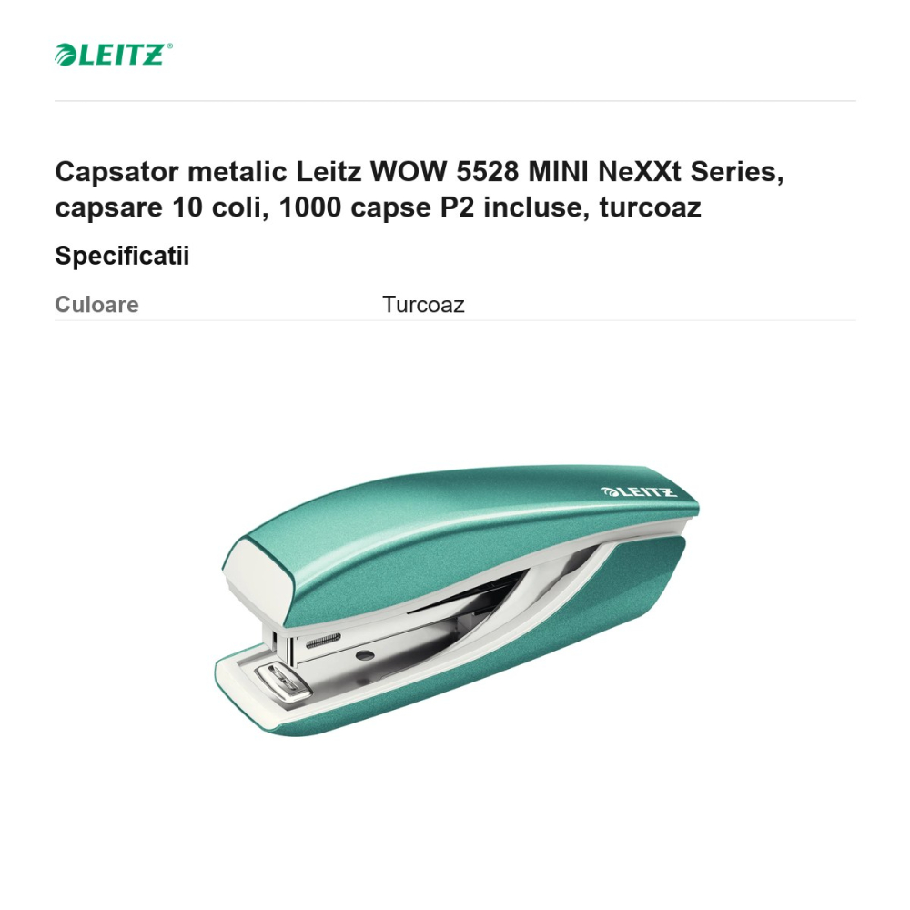 Capsator metalic Leitz WOW 5528 MINI NeXXt Series, capsare 10 coli, 1000 capse P2 incluse, turcoaz [3]