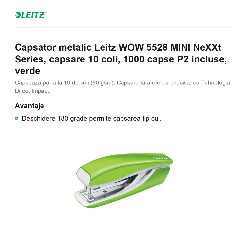Capsator metalic Leitz WOW 5528 MINI NeXXt Series, capsare 10 coli, 1000 capse P2 incluse, verde [2]