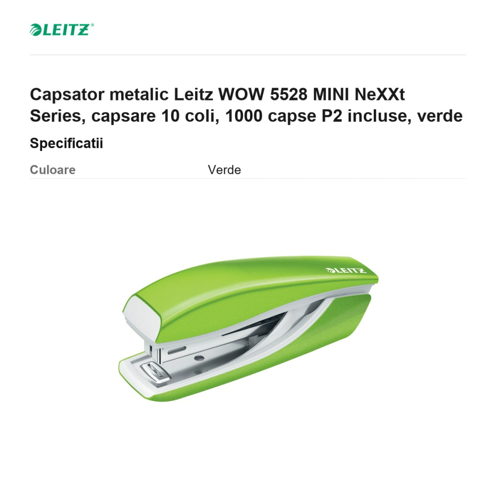Capsator metalic Leitz WOW 5528 MINI NeXXt Series, capsare 10 coli, 1000 capse P2 incluse, verde [3]