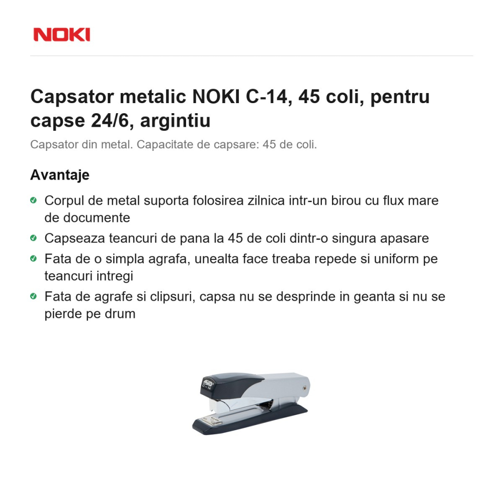 Capsator metalic NOKI C-14, 45 coli, pentru capse 24/6, argintiu [2]