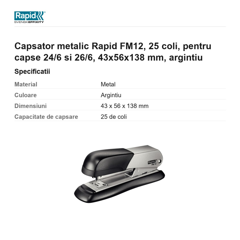 Capsator metalic Rapid FM12, 25 coli, pentru capse 24/6 si 26/6, 43x56x138 mm, argintiu [3]