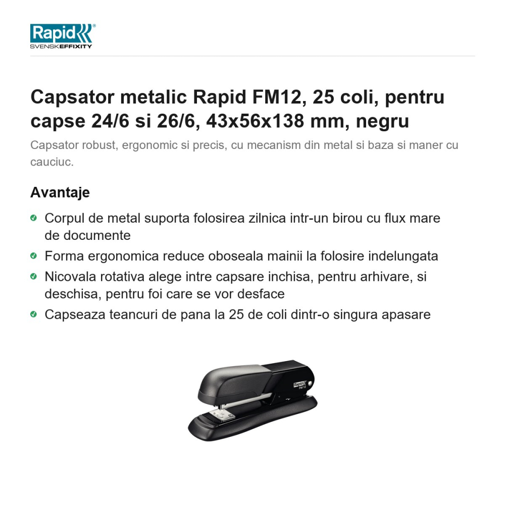 Capsator metalic Rapid FM12, 25 coli, pentru capse 24/6 si 26/6, 43x56x138 mm, negru [2]