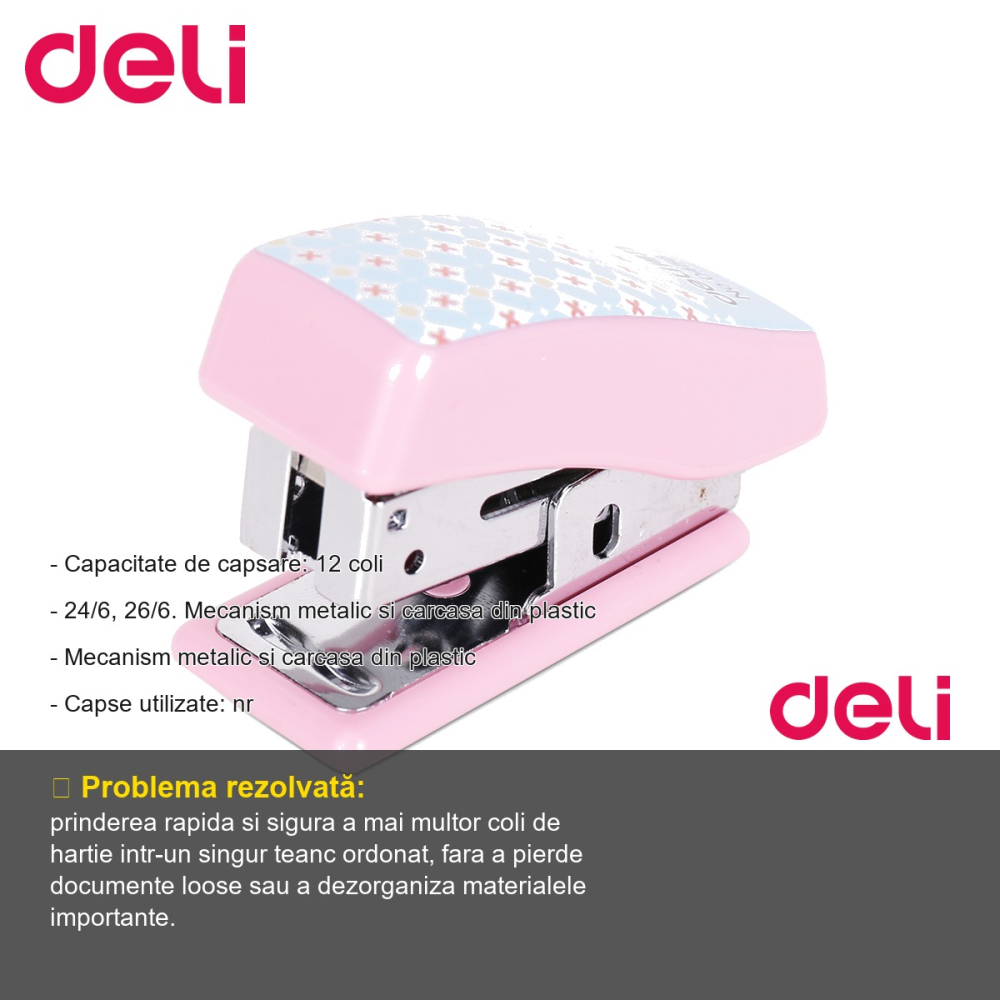 Capsator mini Deli 0456 cu capse incluse, mecanism metalic, capacitate 12 coli, pentru birou si acasa [2]