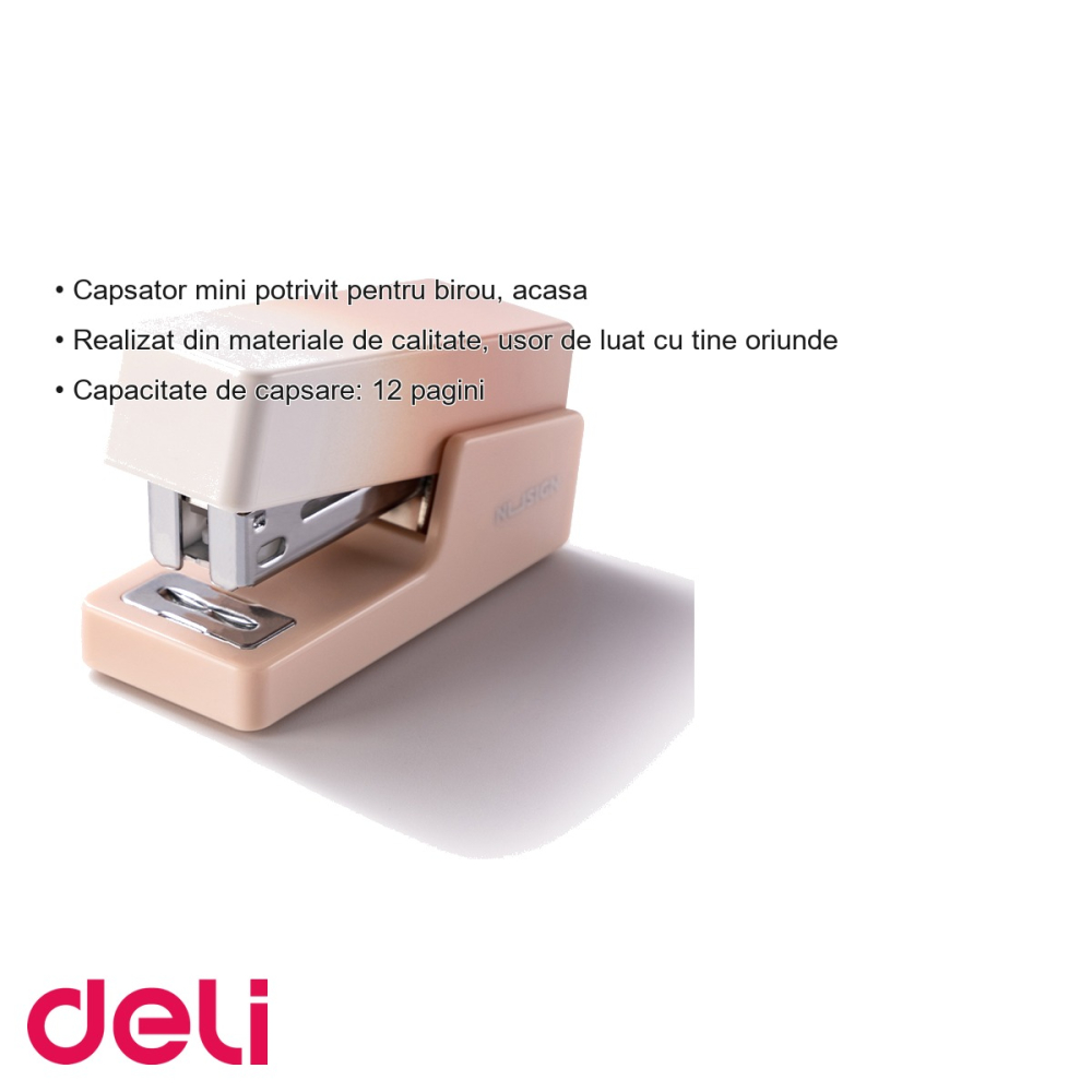 Capsator mini Deli NuSign, roz, capacitate 12 coli, capse 24/6 si 26/6, pentru birou si acasa [3]