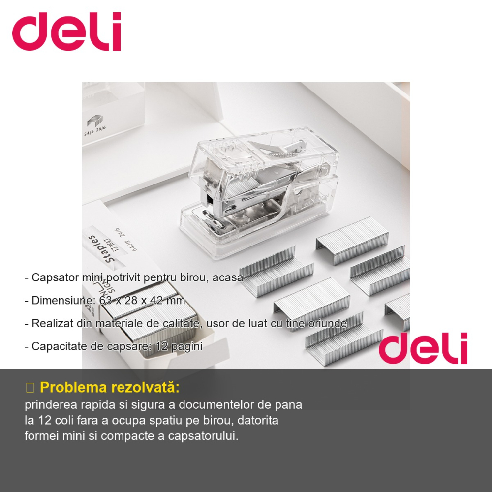 Capsator mini Deli NuSign transparent, 12 coli, capse 24/6 si 26/6, pentru birou si acasa [2]