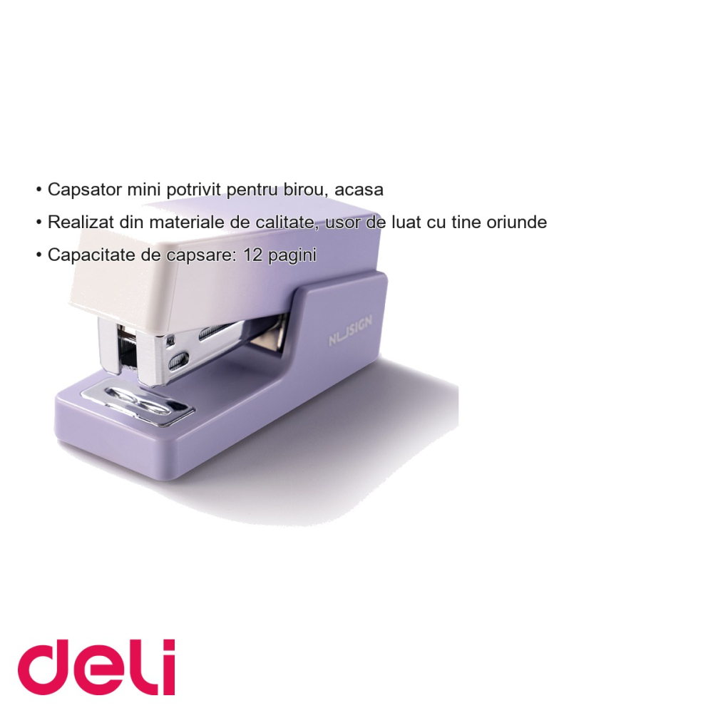 Capsator mini Deli NuSign, violet, capacitate 12 coli, capse 24/6 si 26/6, pentru birou si acasa [3]