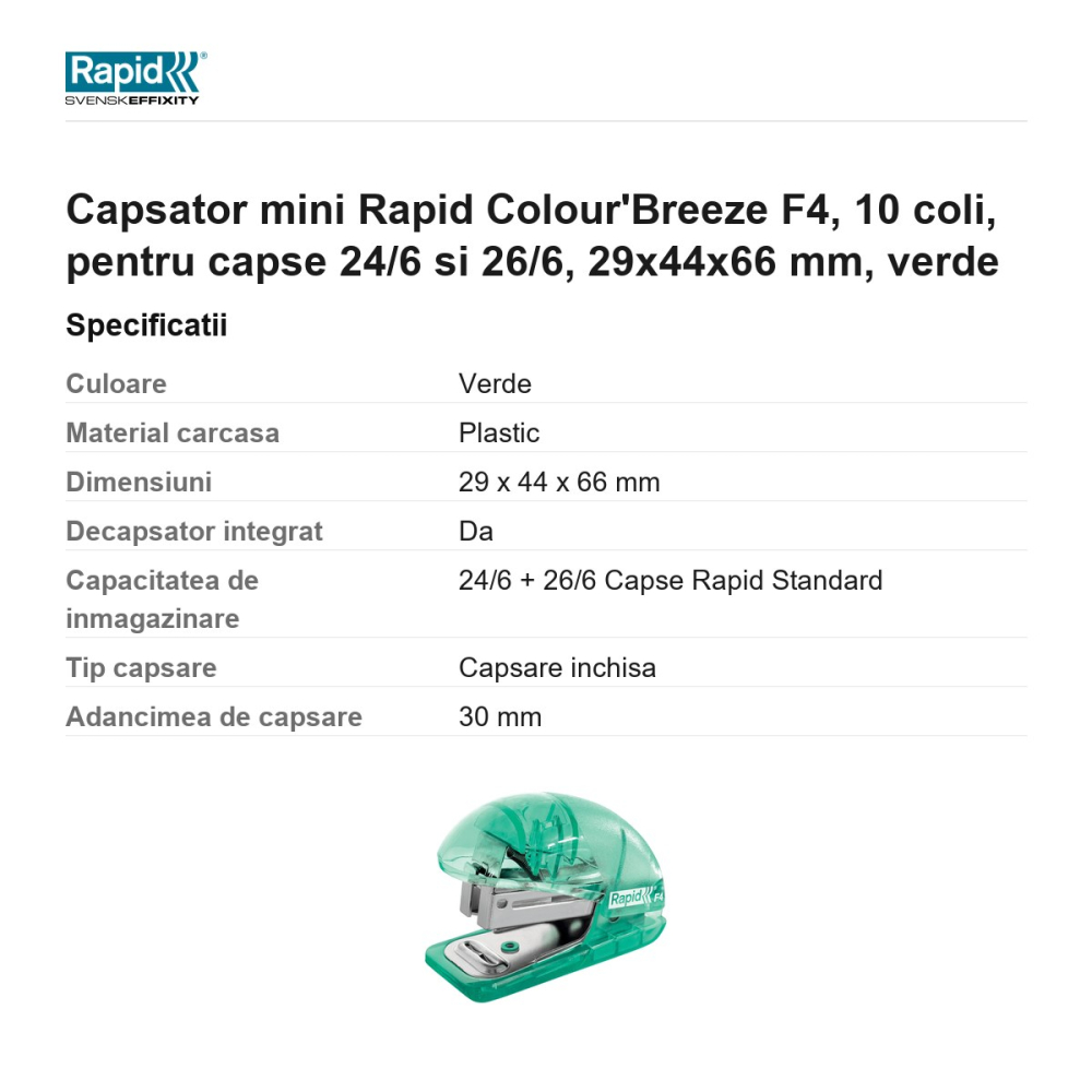 Capsator mini Rapid Colour'Breeze F4, 10 coli, pentru capse 24/6 si 26/6, 29x44x66 mm, verde [3]