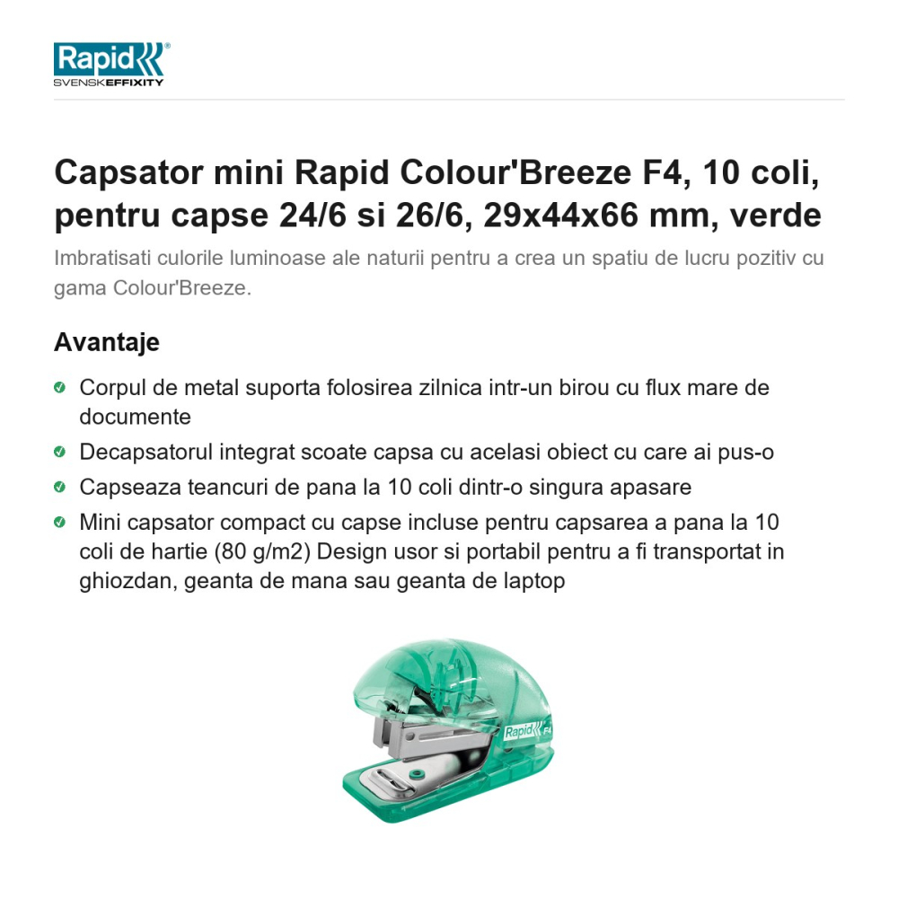 Capsator mini Rapid Colour'Breeze F4, 10 coli, pentru capse 24/6 si 26/6, 29x44x66 mm, verde [2]